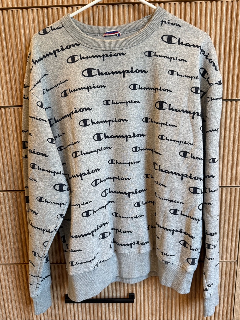 Champion Grey Crewneck with Black All-Over Logo Print